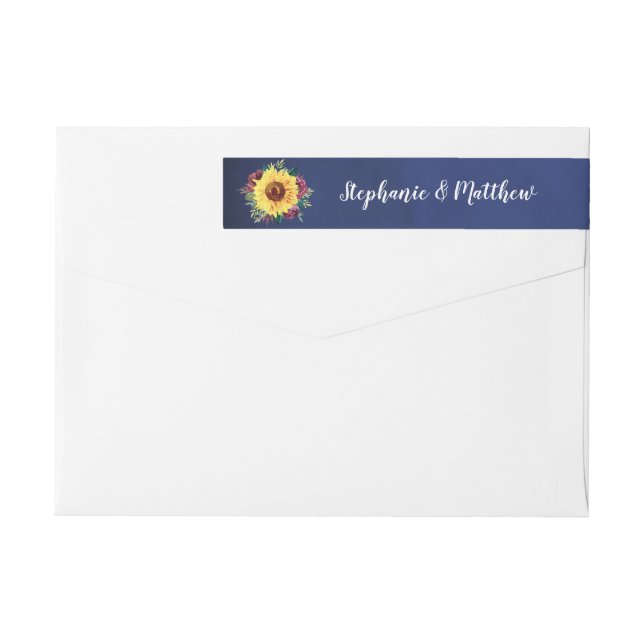 Watercolor Sunflower Burgundy Rose Navy Wedding Wrap Around Label (Back)