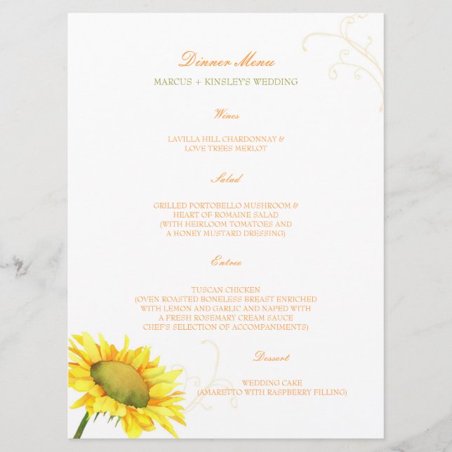 Watercolor Sunflower Country Wedding Menu (Front)