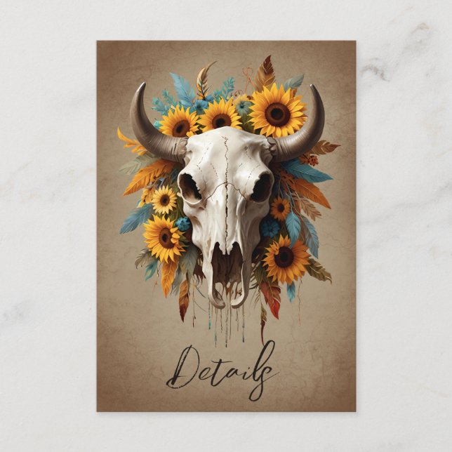 Watercolor sunflower Cow Skull Wedding QR code Enclosure Card (Front)