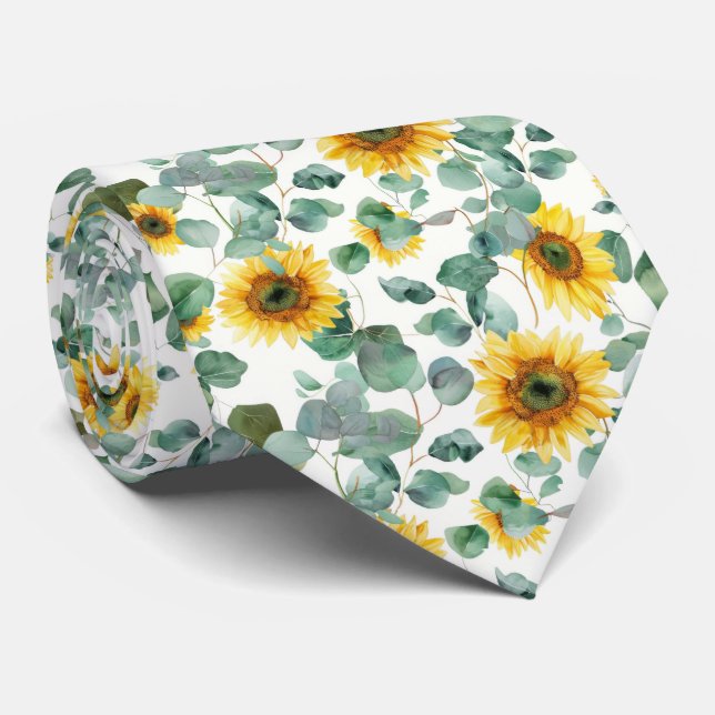 Watercolor Sunflower & Eucalyptus Seamless Pattern Tie (Rolled)