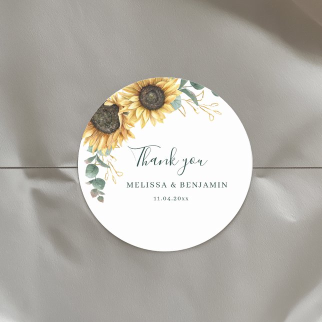 Watercolor Sunflower Eucalyptus Thank You Favour Classic Round Sticker (Floral Sunflower Eucalyptus Elegant Script Wedding Envelope Seals Round Sticker)