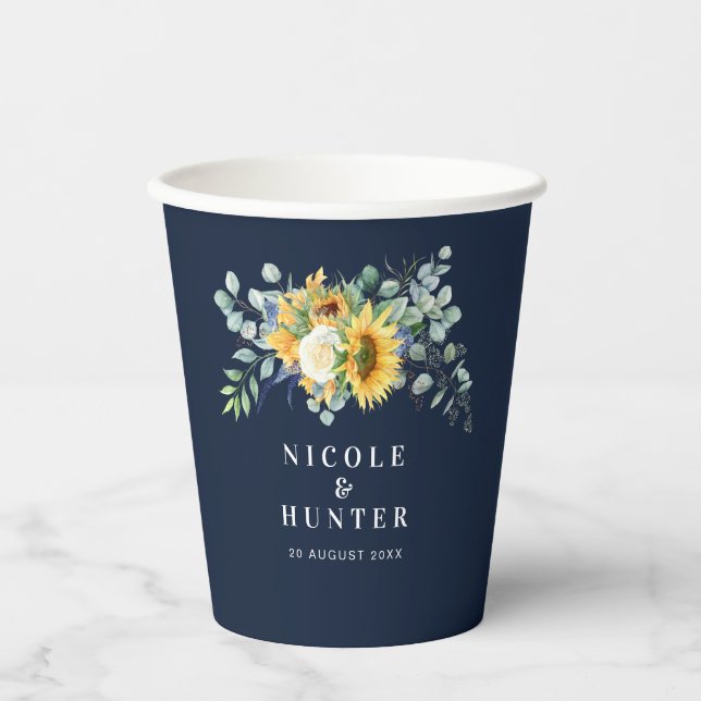 Watercolor sunflower eucalyptus wedding paper cups (Front)