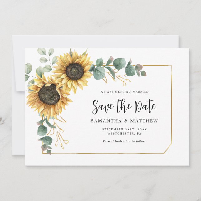 Watercolor Sunflower Eucalyptus Wedding Save The Date (Front)