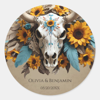 Watercolor Sunflower feather Cow Skull Wedding Classic Round Sticker