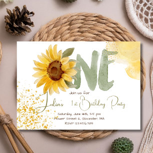 Watercolor sunflower first Birthday Invitation
