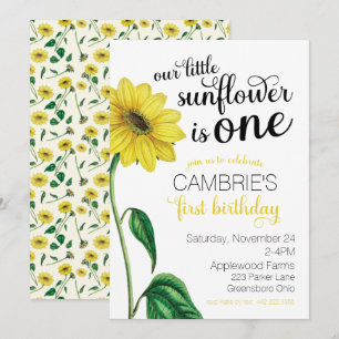 Watercolor Sunflower First Birthday Invitation