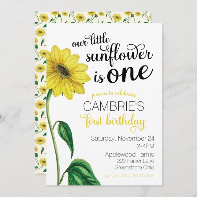 Watercolor Sunflower First Birthday Invitation (Front/Back)