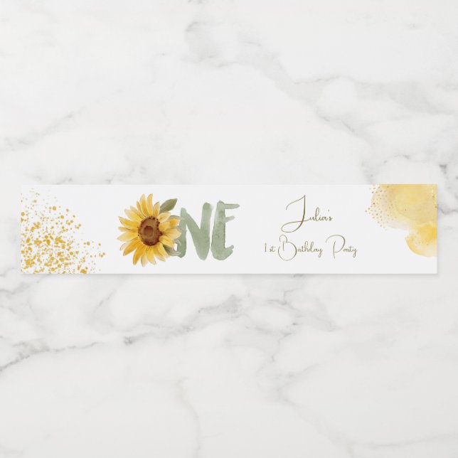 Watercolor sunflower first Birthday Water Bottle Label (Single Label)