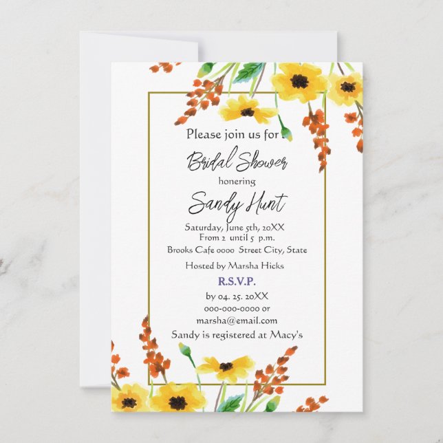 Watercolor Sunflower Floral Bridal Shower Invitation (Front)