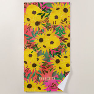 Watercolor Sunflower Floral Pattern Pink + Name   Beach Towel