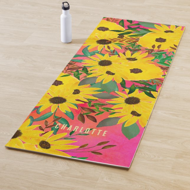Watercolor Sunflower Floral Pattern Pink + Name  Yoga Mat (In Situ)