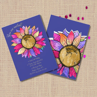 Watercolor Sunflower Floral Purple & Pink Birthday Invitation