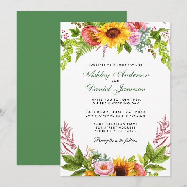 Watercolor Sunflower Floral Wedding Green Invitation (Front/Back)