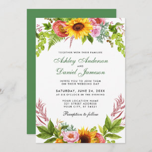 Watercolor Sunflower Floral Wedding Green Invitation