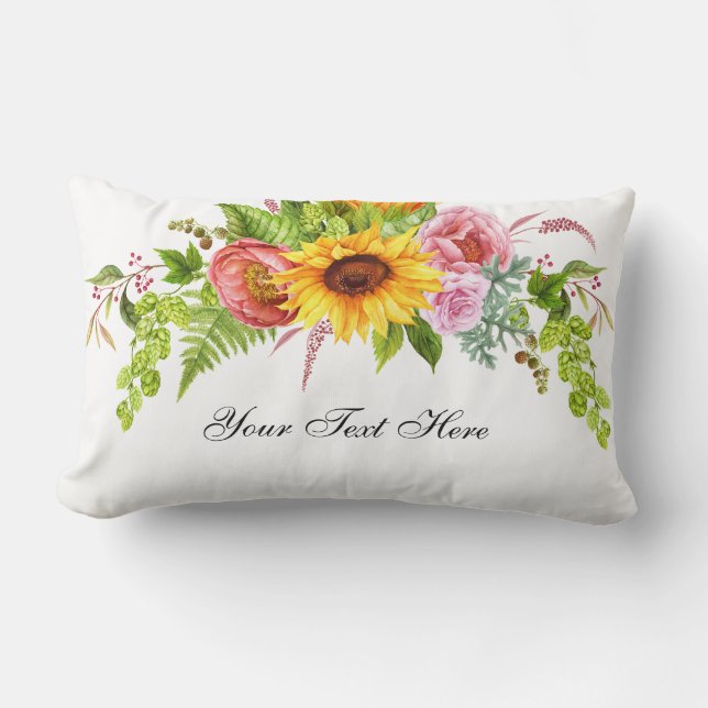 Watercolor Sunflower Floral - Your Text - Lumbar Pillow (Front)