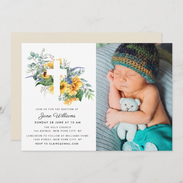 watercolor sunflower florals Baptism  Invitation (Front/Back)