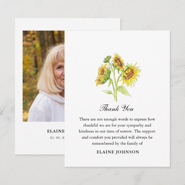 Watercolor Sunflower Funeral Photo Merci (Devant / Derrière)