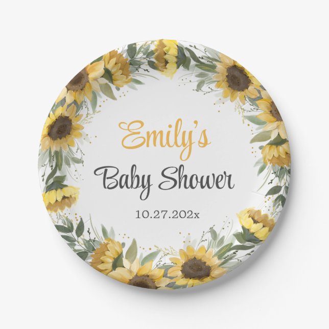 Watercolor Sunflower Greenery Baby Shower  Paper P Paper Plate (Front)