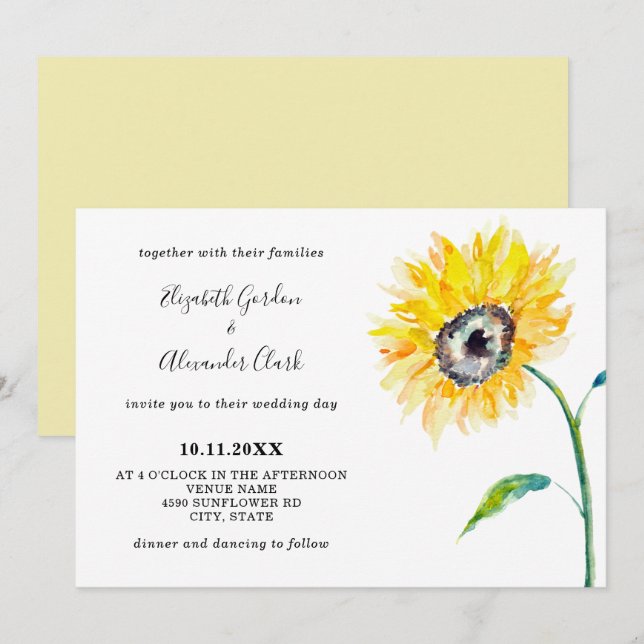 Watercolor Sunflower Horizontal Elegant Simple Invitation (Front/Back)
