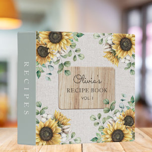 Watercolor Sunflower Linen Wood Recipe Cookbook Binder