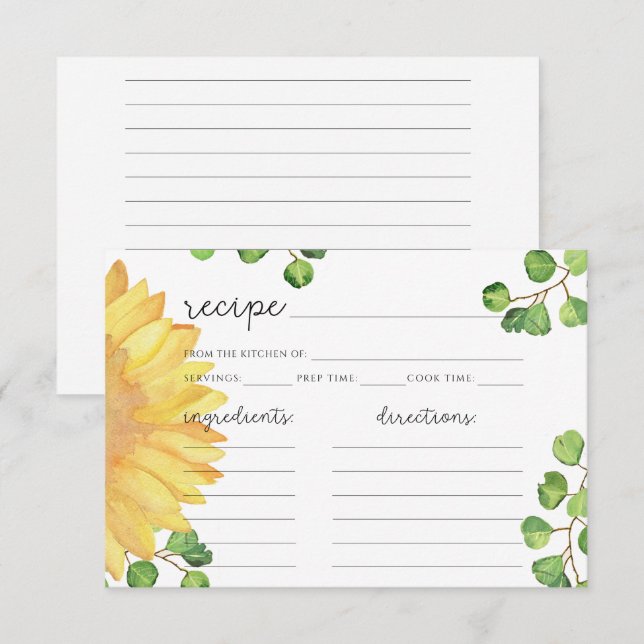 Watercolor sunflower minimalist recipe card (Front/Back)
