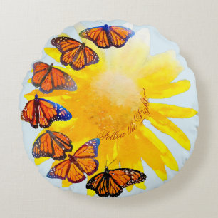 Watercolor Sunflower & Monarch Butterfly Migration Round Pillow