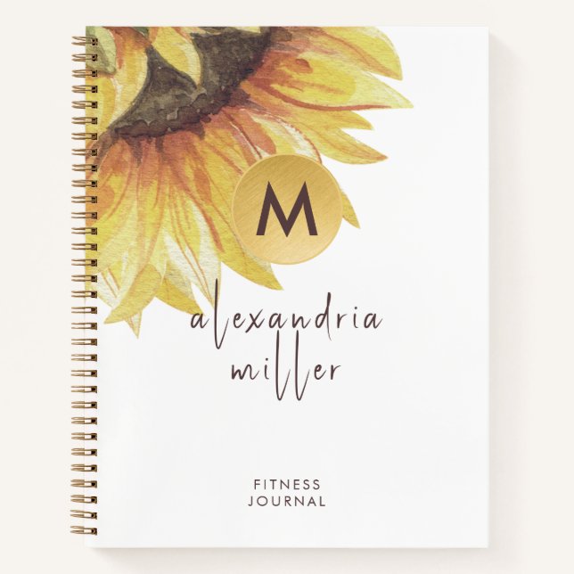 Watercolor Sunflower Monogram Fitness Journal (Front)