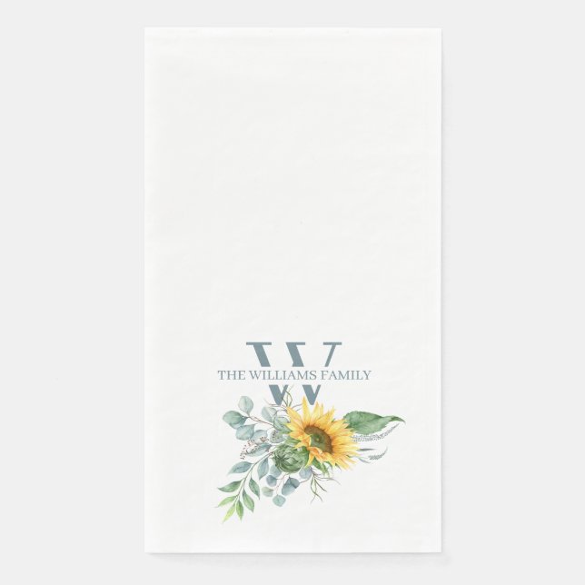 Watercolor Sunflower Monogram Paper Guest Towels Napkin (Front)