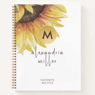 Watercolor Sunflower Monogram Recipe Book