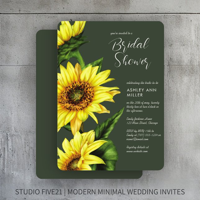 Watercolor Sunflower Moss Green Wedding Shower Invitation (Creator Uploaded)