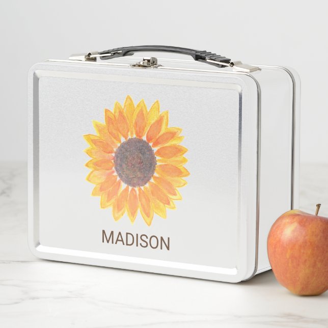Watercolor Sunflower Name Metal Lunch Box (In Situ)