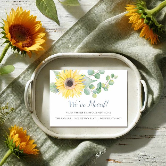 Watercolor Sunflower New Home Moving Announcement (Sunflower moving announcement cards unique watercolor art by Victoria Grigaliunas VG Invites)