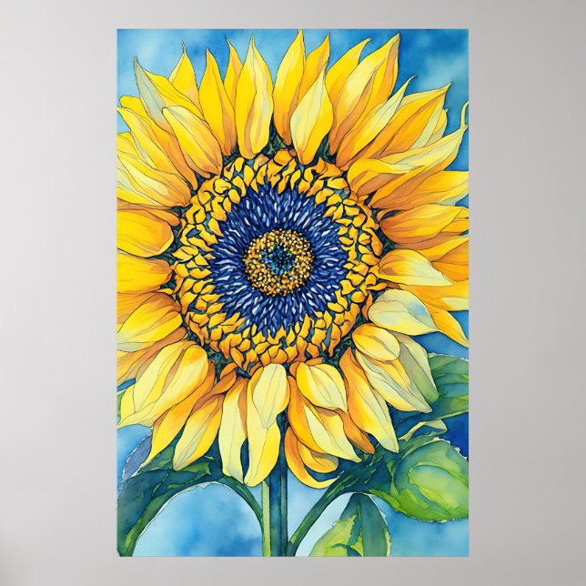 Watercolor Sunflower On A Sky Blue Background Post Poster (Front)