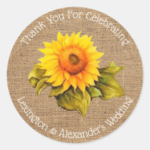 Watercolor Sunflower On Burlap Wedding Guest Favou Classic Round Sticker