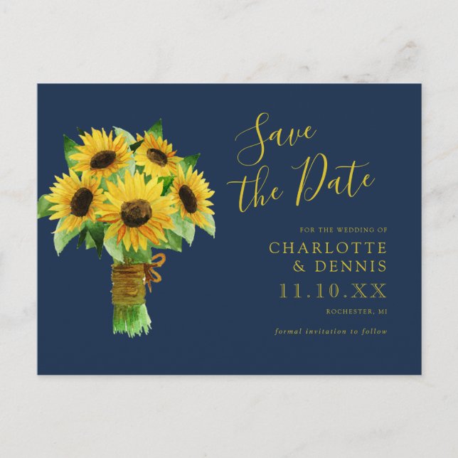 watercolor sunflower on navy save the date postcard (Front)