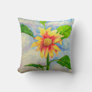 Watercolor sunflower painting yellow orange floral throw pillow
