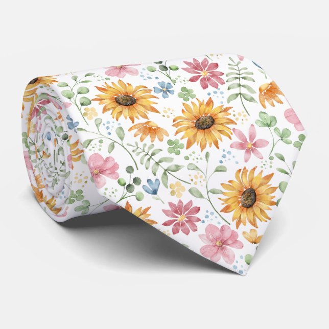 Watercolor Sunflower Pattern  Tie (Rolled)