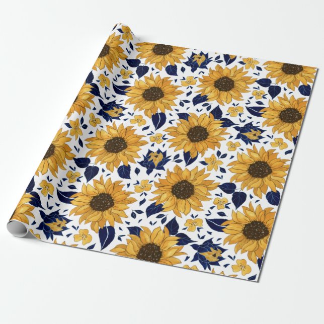 Watercolor Sunflower Pattern Wrapping Paper (Unrolled)