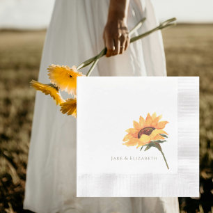 Watercolor Sunflower Personalized Coined Wedding Napkin