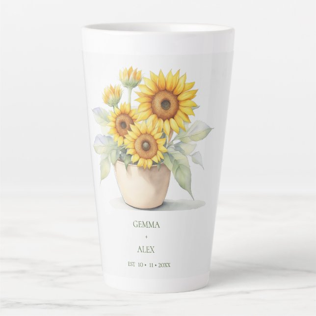 Watercolor Sunflower Personalized Newlyweds Latte Mug (Front)
