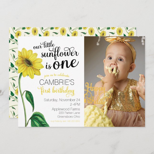 Watercolor Sunflower Photo First Birthday Invitation (Front/Back)