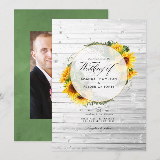 Watercolor Sunflower Rustic Country Barn Wedding Invitation (Front/Back)