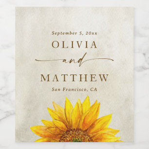 Watercolor sunflower. Rustic floral barn wedding Wine Label