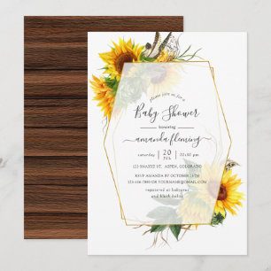 Watercolor Sunflower Rustic Geometric Baby Shower Invitation