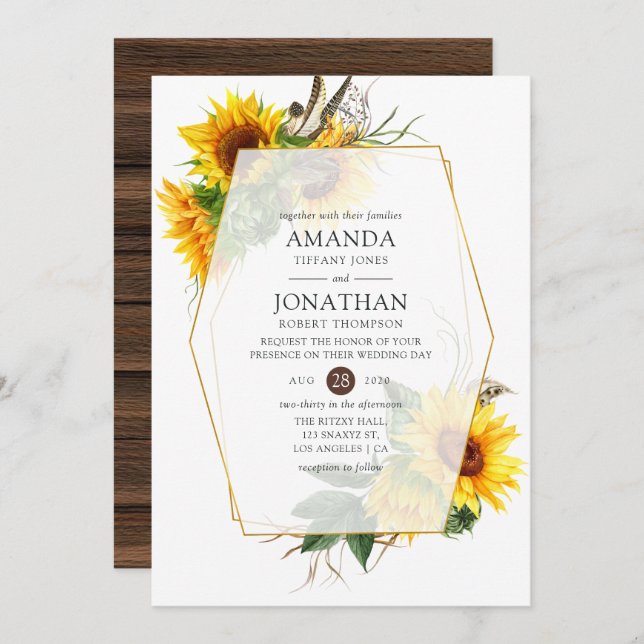 Watercolor Sunflower Rustic Geometric Wedding Invitation (Front/Back)