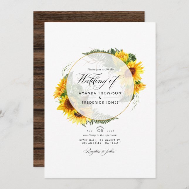 Watercolor Sunflower Rustic Geometric Wedding Invitation (Front/Back)