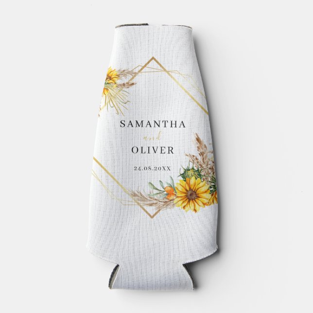  Watercolor Sunflower Rustic Wedding Bottle Cooler (Front)