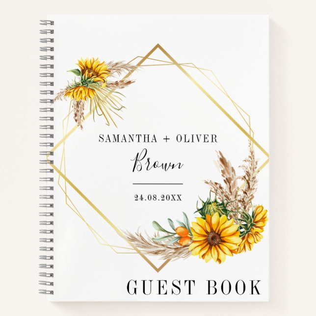 Watercolor Sunflower Rustic Wedding Guest Book (Front)