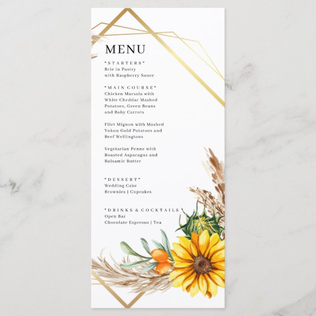 Watercolor Sunflower Rustic Wedding  Menu (Front)