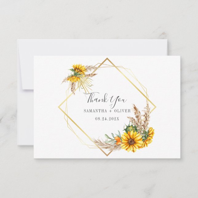 Watercolor Sunflower Rustic Wedding  Thank You Card (Front)